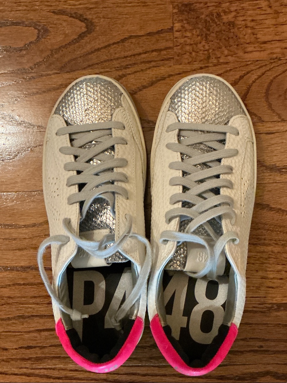 P448 White Sneakers with Silver Metallic Toe and Hot Pink Heel